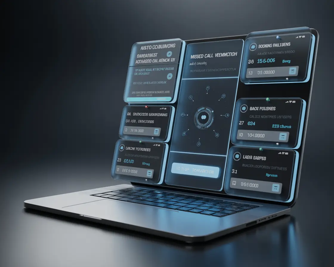 AI automation services for small businesses showing chatbot support, lead capture, follow up systems and workflow automation dashboard
