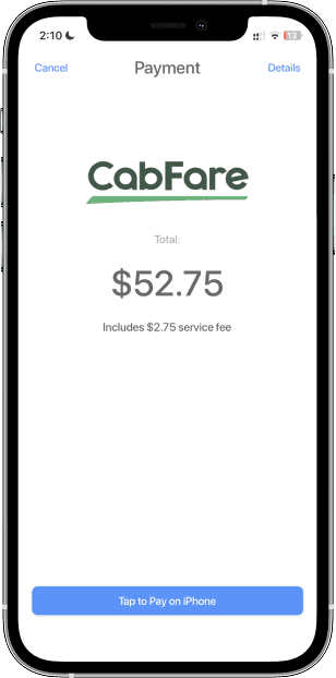 CabFare app payment screen showing a total of $52.75, including a $2.75 service fee, with a "Tap to Pay on iPhone" button.