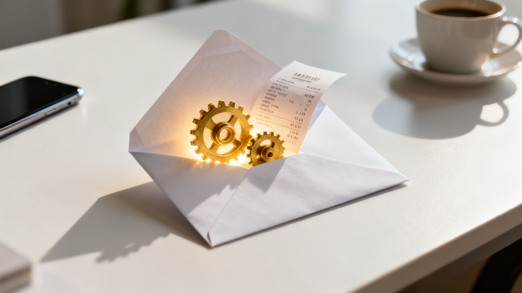 An open white envelope reveals glowing golden gears and a paper receipt on a desk, next to a smartphone and coffee.