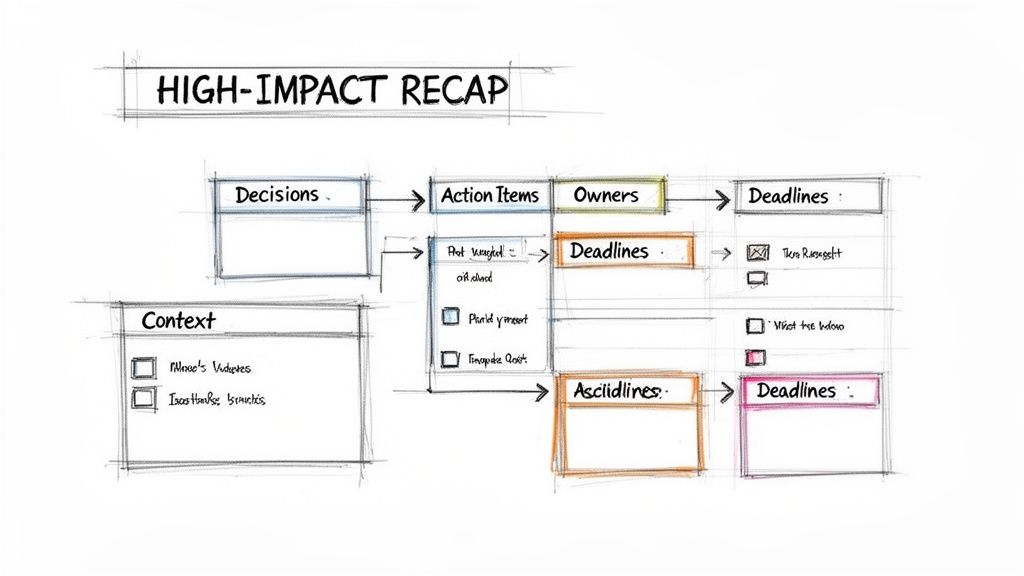 Hand-drawn diagram of a high-impact meeting recap, outlining decisions, actions, owners, and deadlines.
