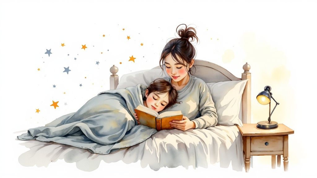 A watercolor illustration of a mother reading to her sleeping child in bed with stars.