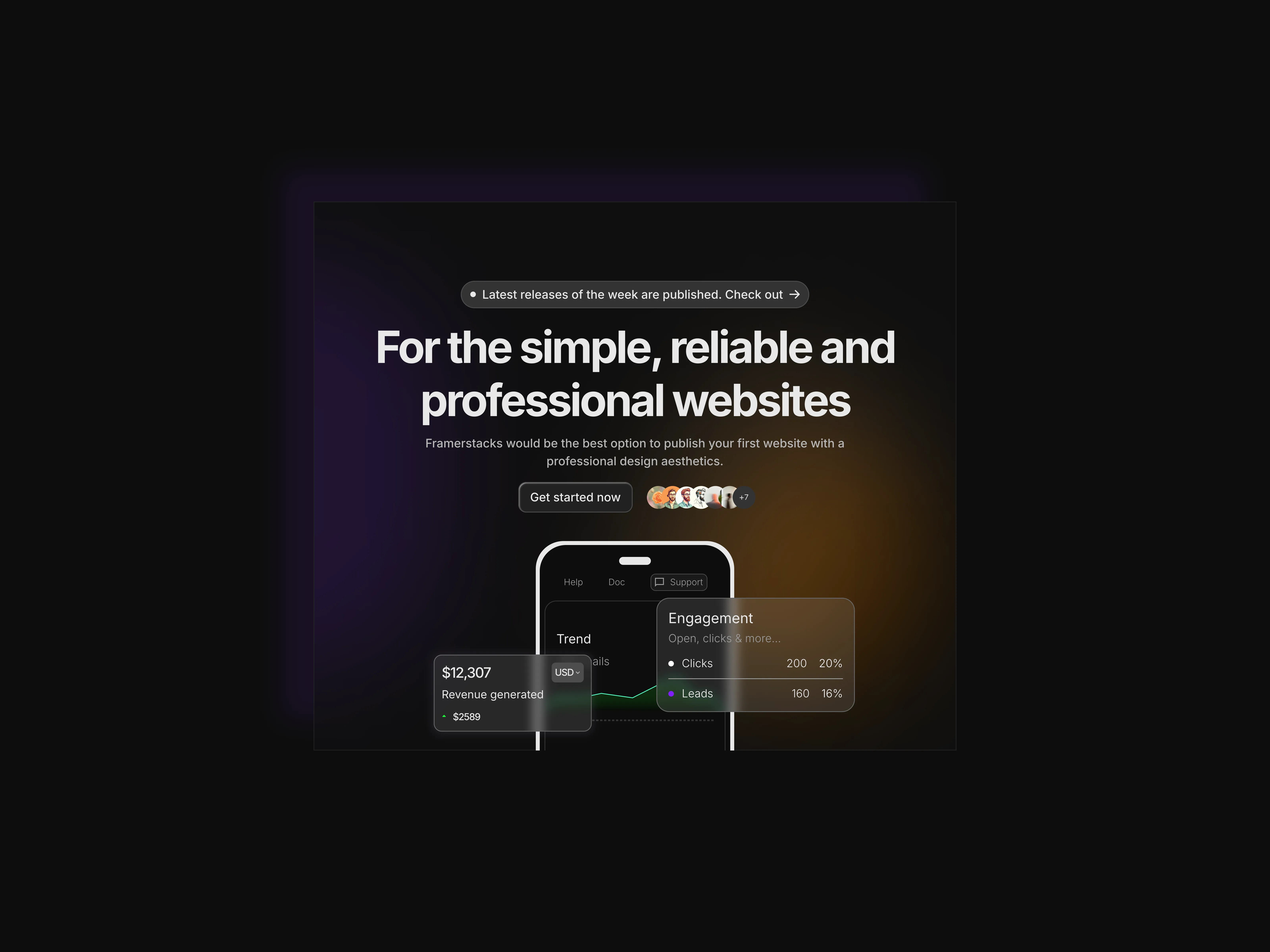 A dark themed hero section with blurred BG effect and iphone mockup for tablet devices