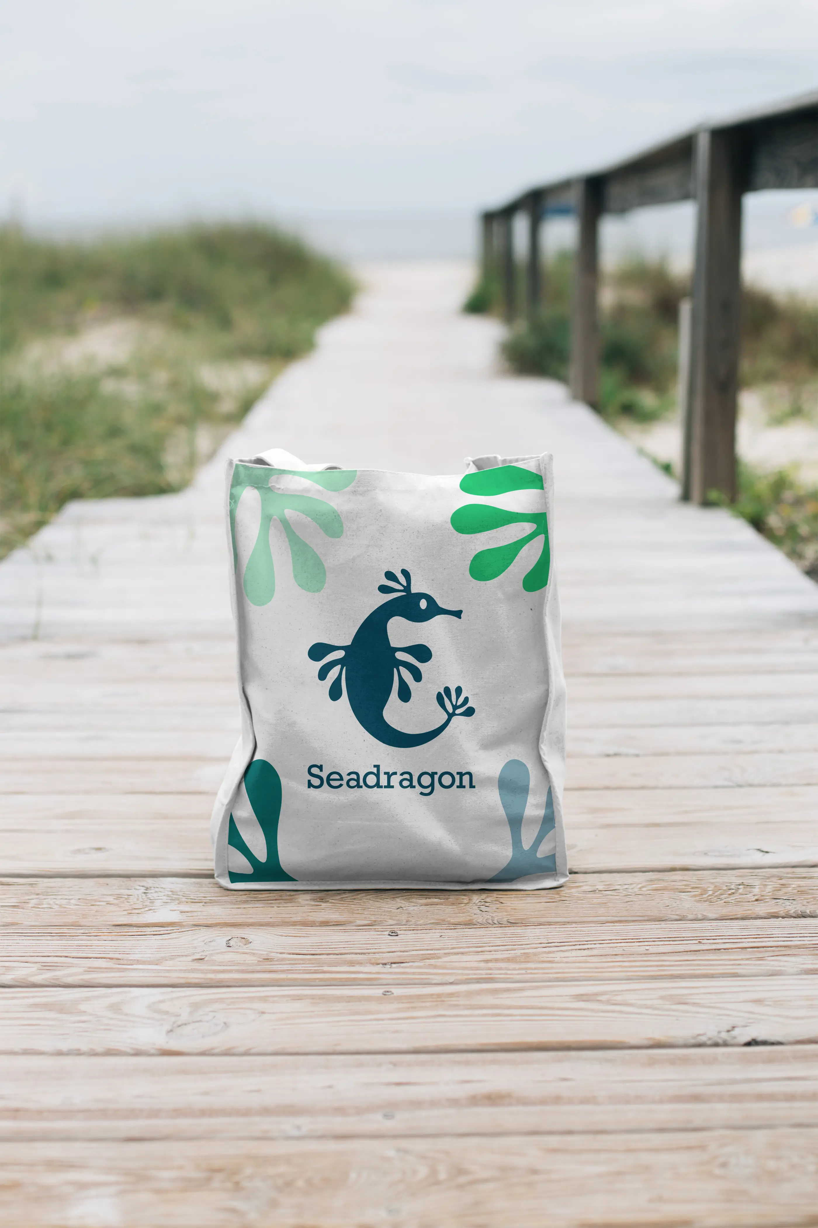 A bag of product sits on a wooden pathway leading to the beach, with greenery and water in the background.