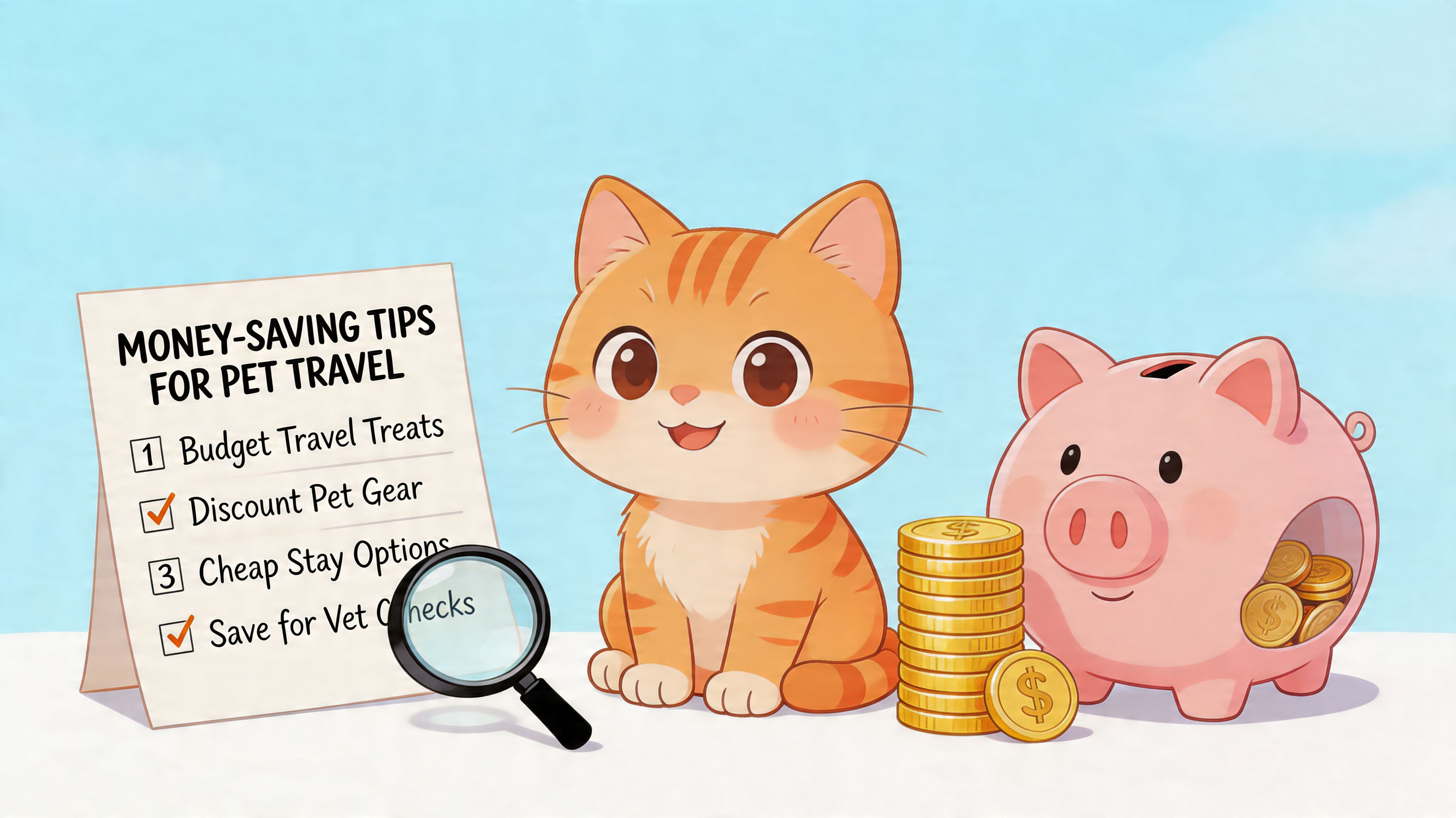 A cartoon orange cat sits next to a list of money-saving tips for pet travel and piggy bank.
