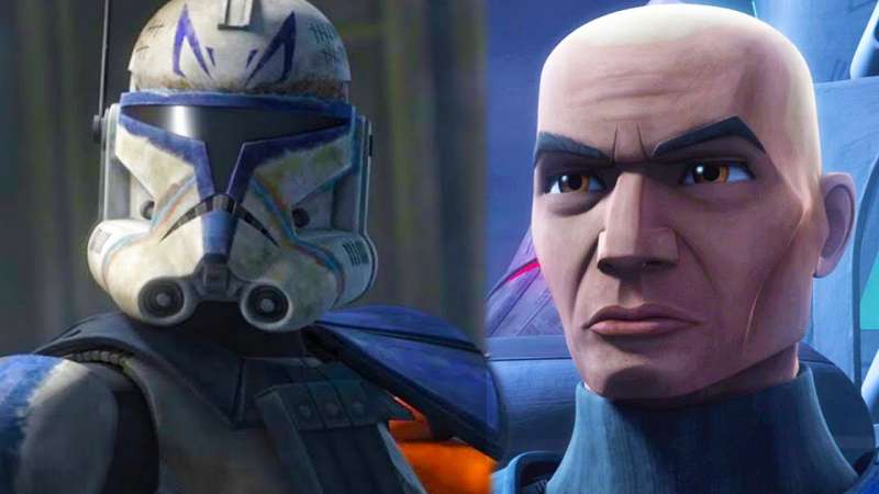 A front facing Captain Rex side-by-side with his clone trooper armor and helmet 