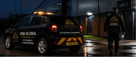Professional security officer responding to an alarm activation and managing secure key holding procedures.