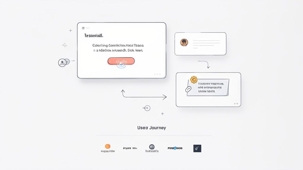 A minimalist diagram illustrating a user journey or digital workflow with UI screens and interaction elements.