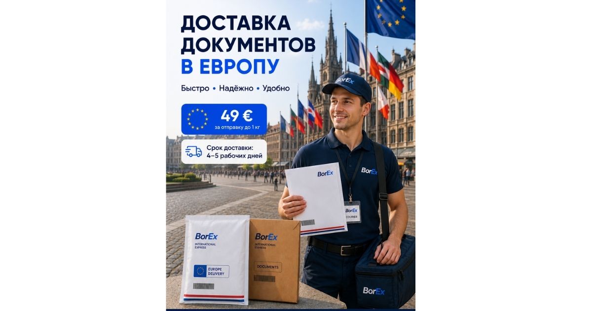 Курьер BorEx в Европе с фирменным конвертом на руках идет на доставку