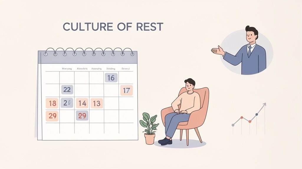 An illustration of a calendar with dates, a person resting, a presenter, and a growth graph, promoting a culture of rest.