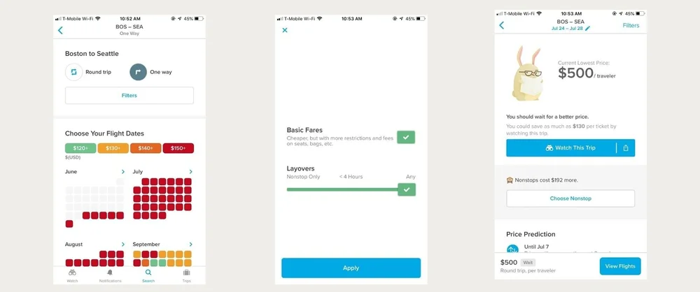Hopper flight-search screens showing dates, pricing, and booking details.