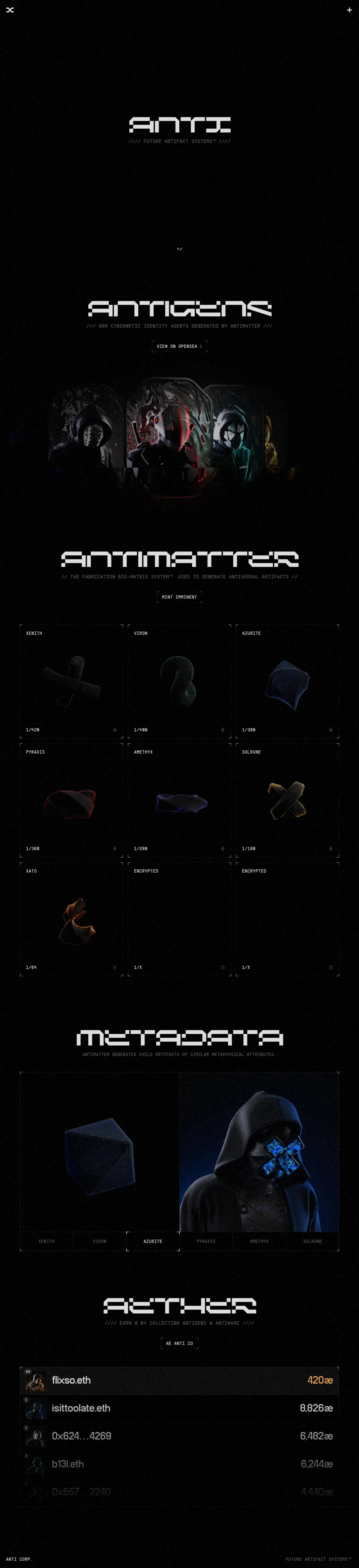 ANTI© landing page screenshot showcasing NFT / Crypto / Web3 design