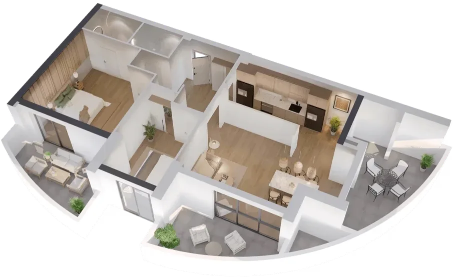 Bright 2BR layout with open-plan kitchen and two curved balconies.
