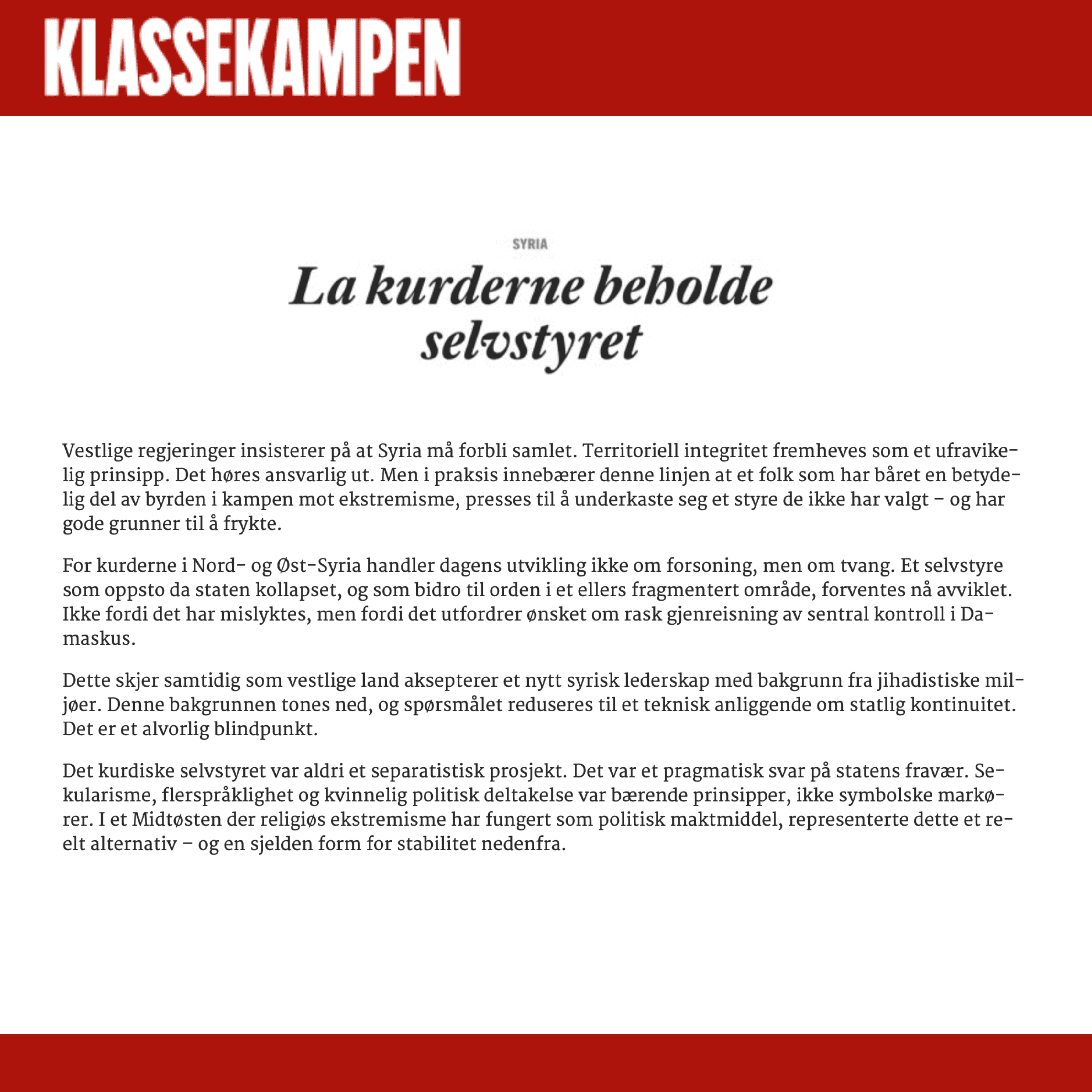 Kronikk publisert i Klassekampen