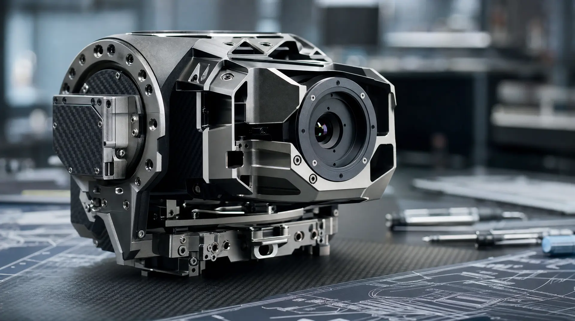A precision robotic module with metal housings and carbon-fiber panels sits in a factory workspace, highlighting robotics branding for advanced engineering teams.
