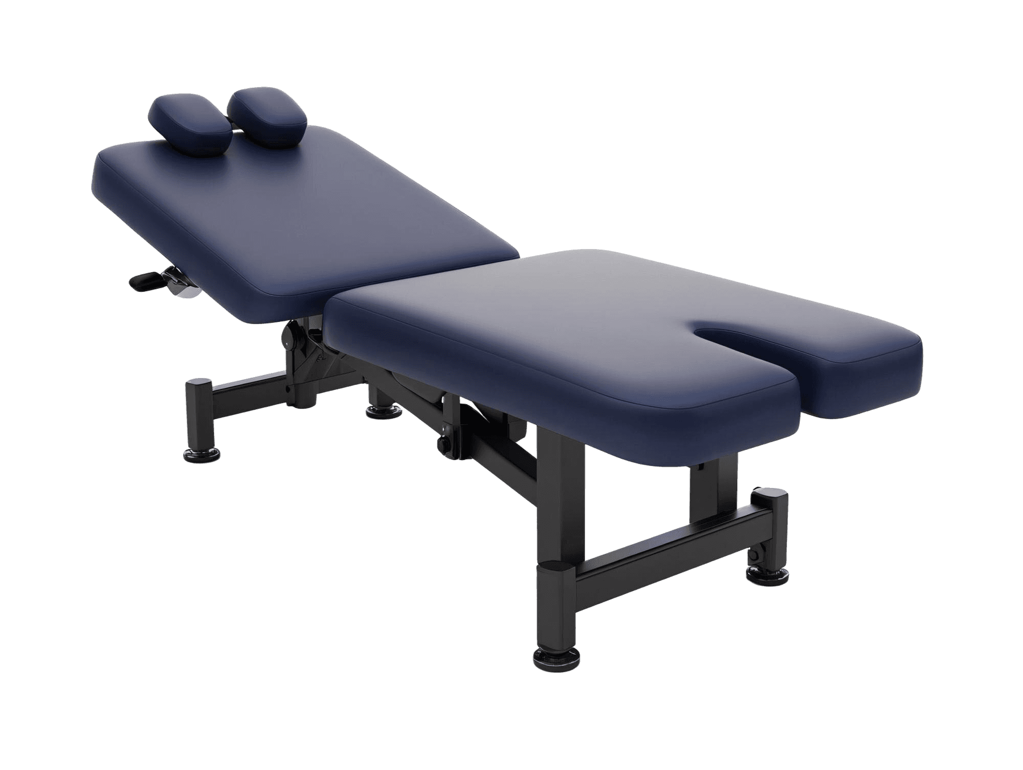Navy blue adjustable therapy table with headrest and face cutout.