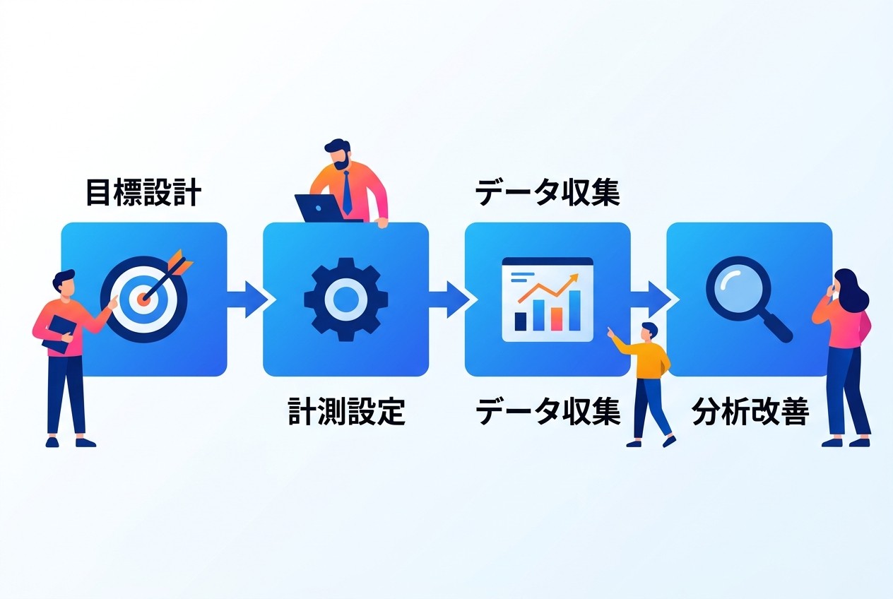 広告効果測定の基本フロー。目標設計では業界平均CPA・目標ROASを設定し、計測設定でGoogle Analytics・Facebook Pixel等を実装。データ収集後の分析改善サイクルで精度を向上させる。