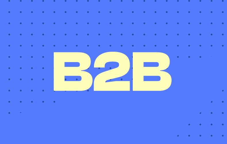 A butter yellow text saying 'B2B' on a light blue dotted background