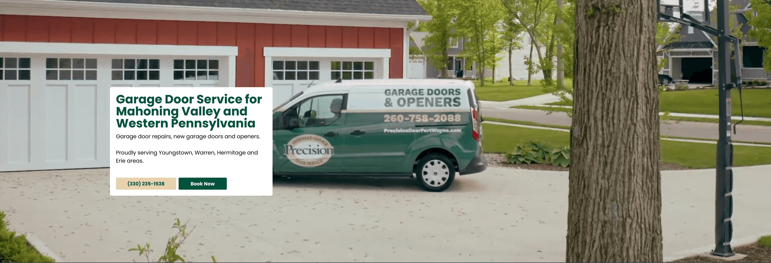 High-fidelity desktop hero section mockup for Precision Garage Door homepage redesign