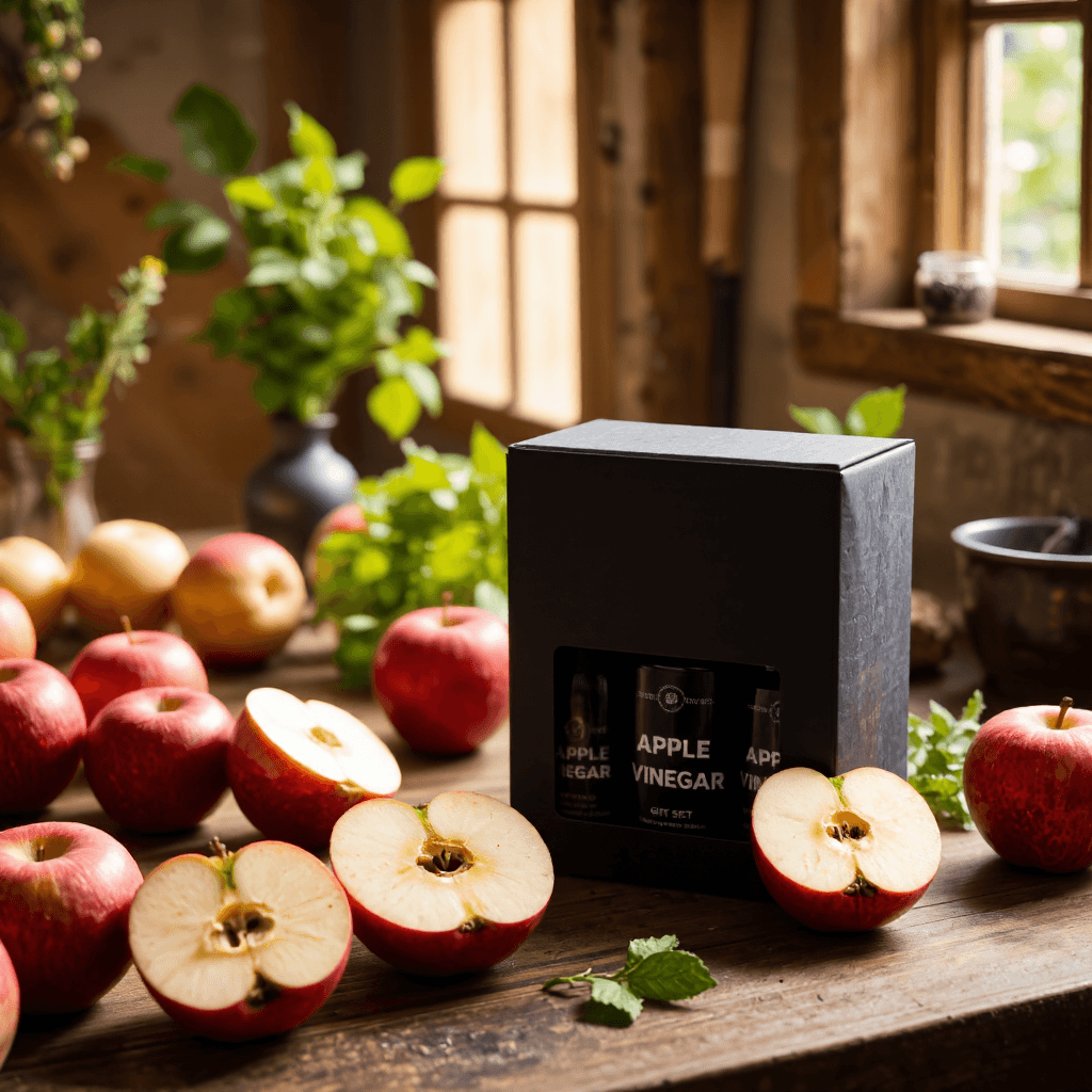 product photography of a gift set of three bottles of apple vinegar
