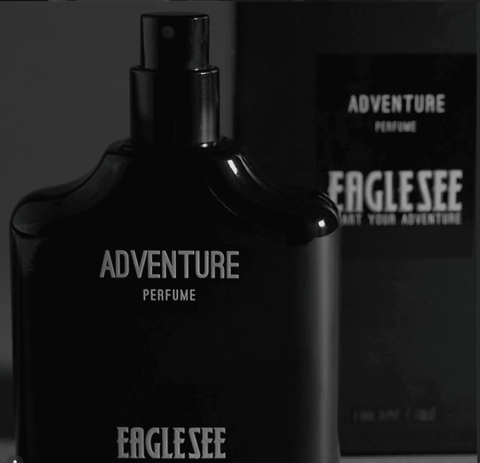 Black cosmetic product bottle against a dark background