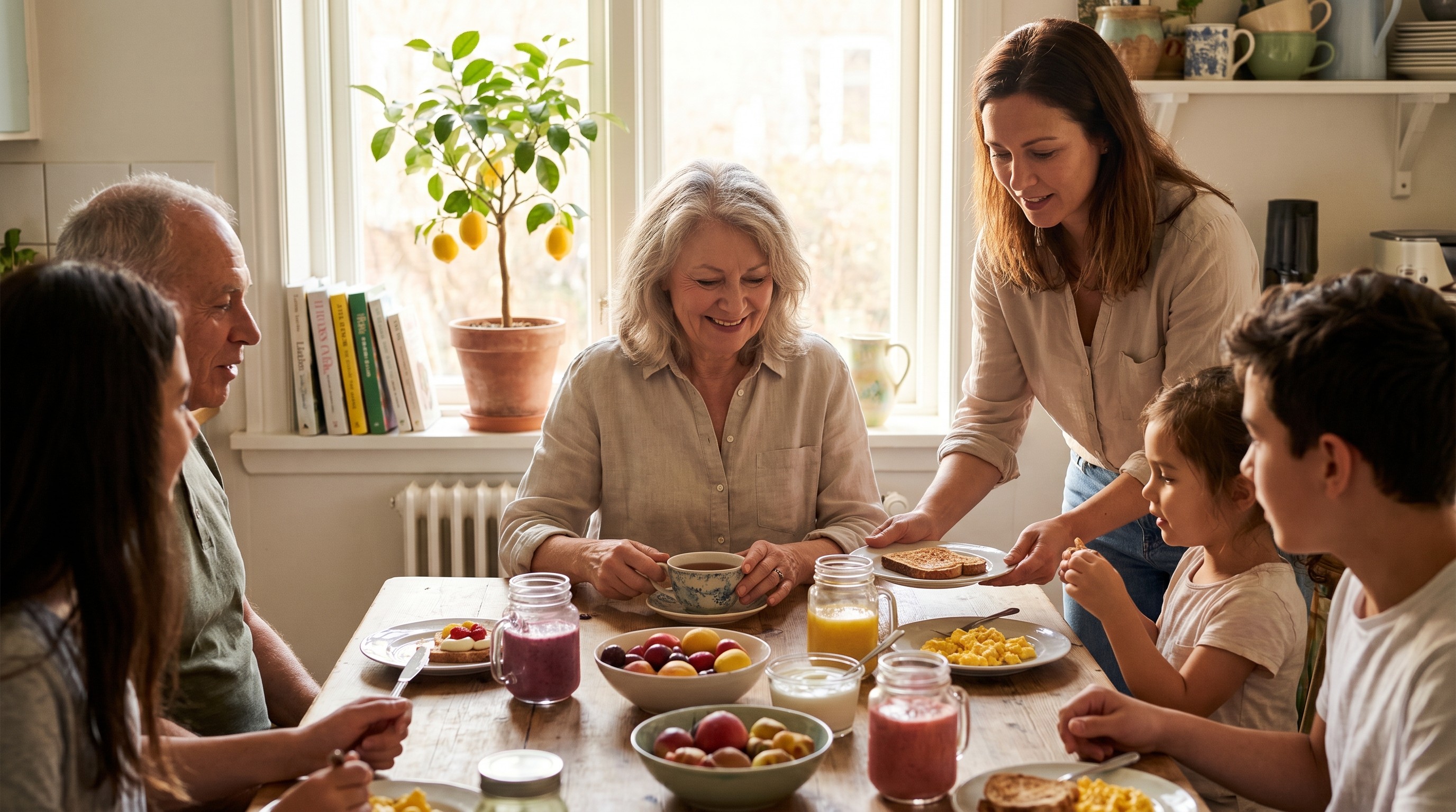 Multigenerational family sharing a soft breakfast in a sunlit Southern California kitchen on a relaxed weekend morning