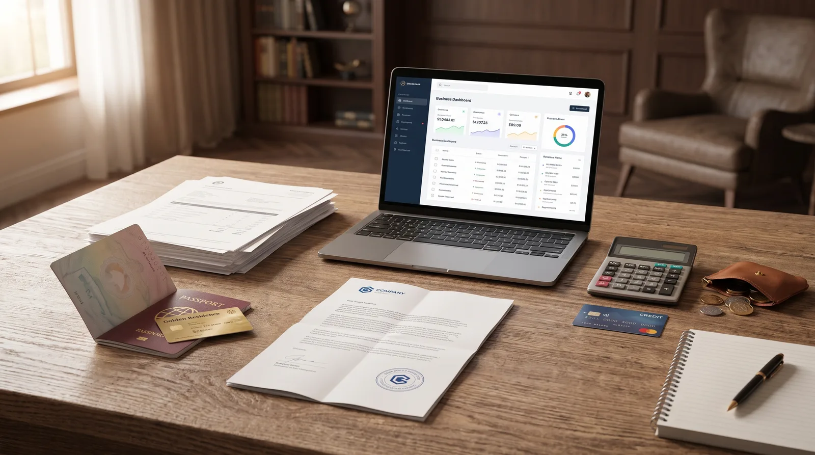 UAE golden visa with passport and company documents on desk