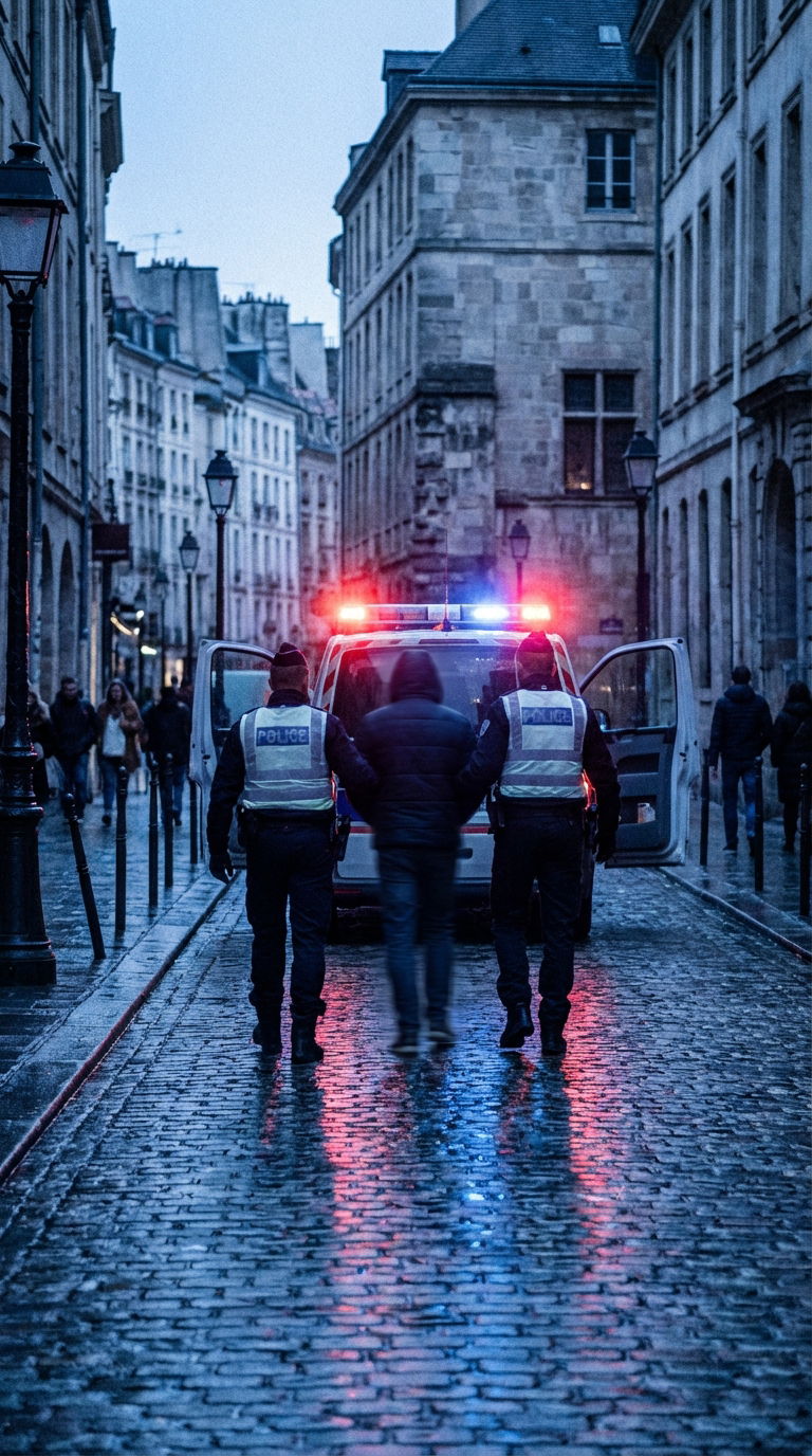 European police officers escorting an anonymous figure during a nighttime urban operation.