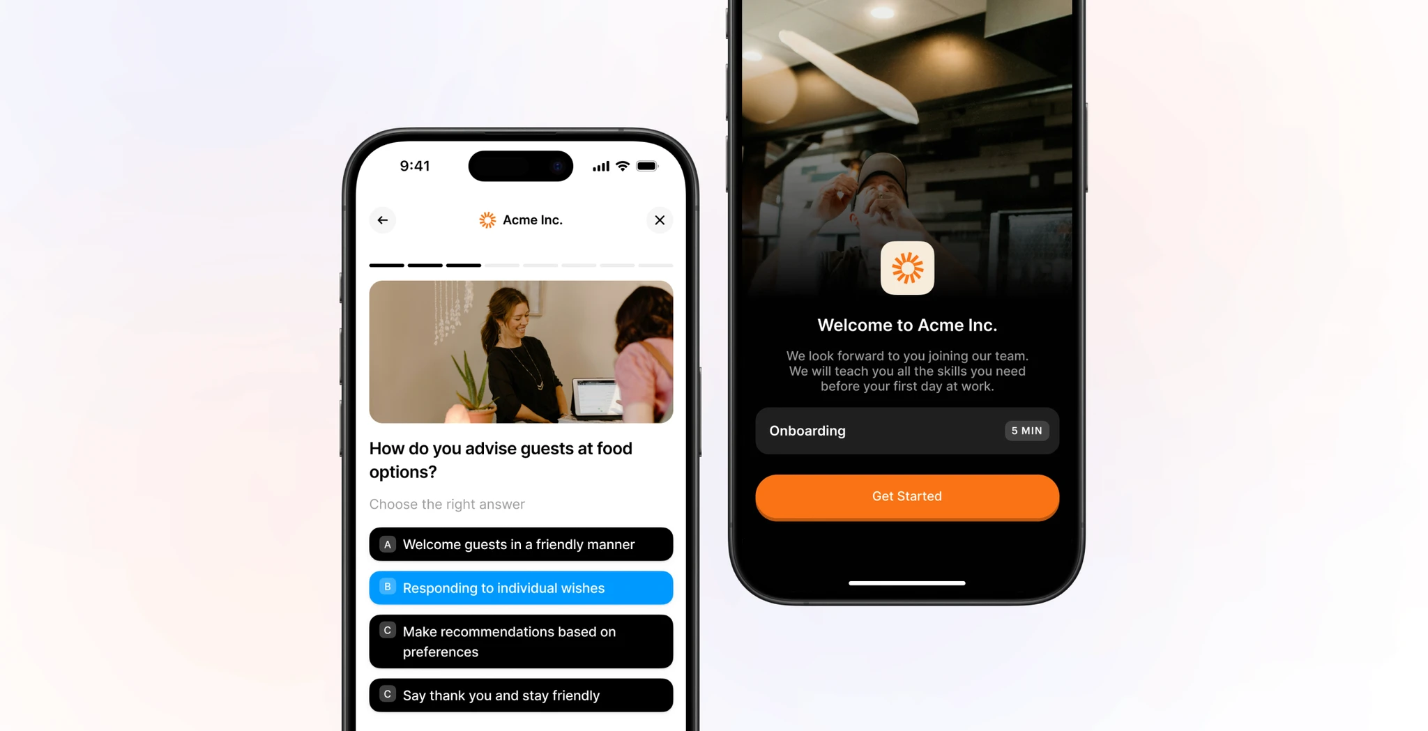 A smartphone screen showcases a mobile-friendly Burger King app with wrapped burgers in the background. The text welcomes users, offering multilingual team joining information. A "Get Started" button is at the bottom for streamlined training access.