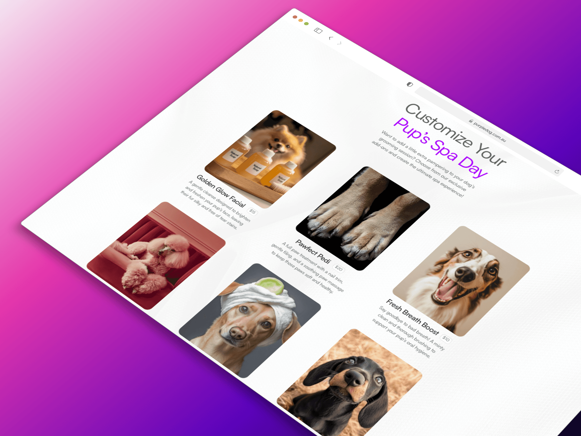 A smartphone showing a product detail page for a dog wearing a bowtie, with smaller product cards visible in the background.