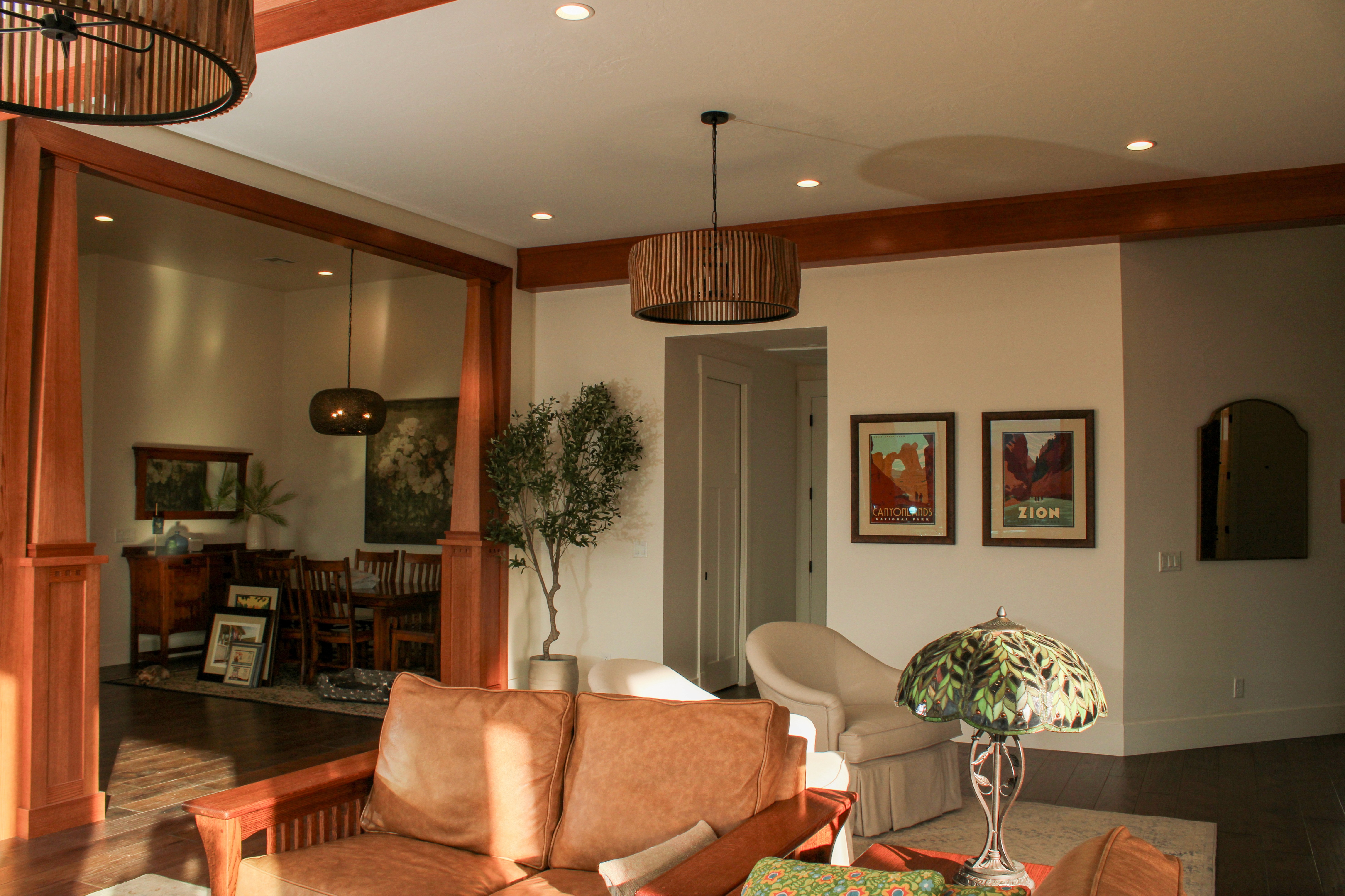 Great room in St. George Utah home with wood beams and retro-inspired detailing by Madsen Homes