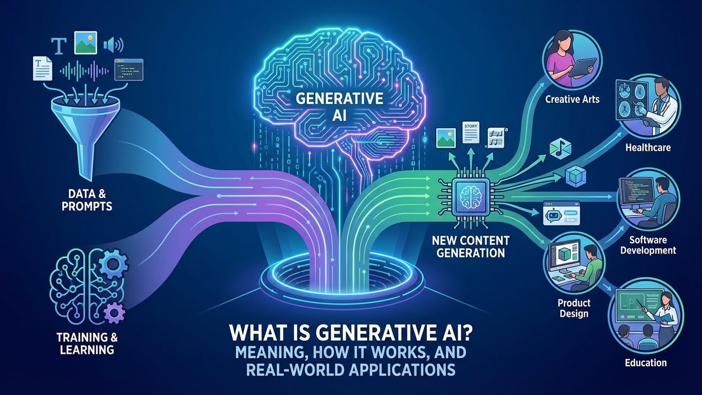 What is Generative AI – diagram showing how generative AI works, from data and training to real-world applications like healthcare, software development, education, and creative arts
