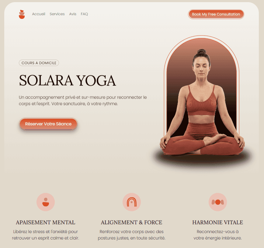 Projet Solara Yoga – Site web yoga à domicile créé par Whiscat Studio