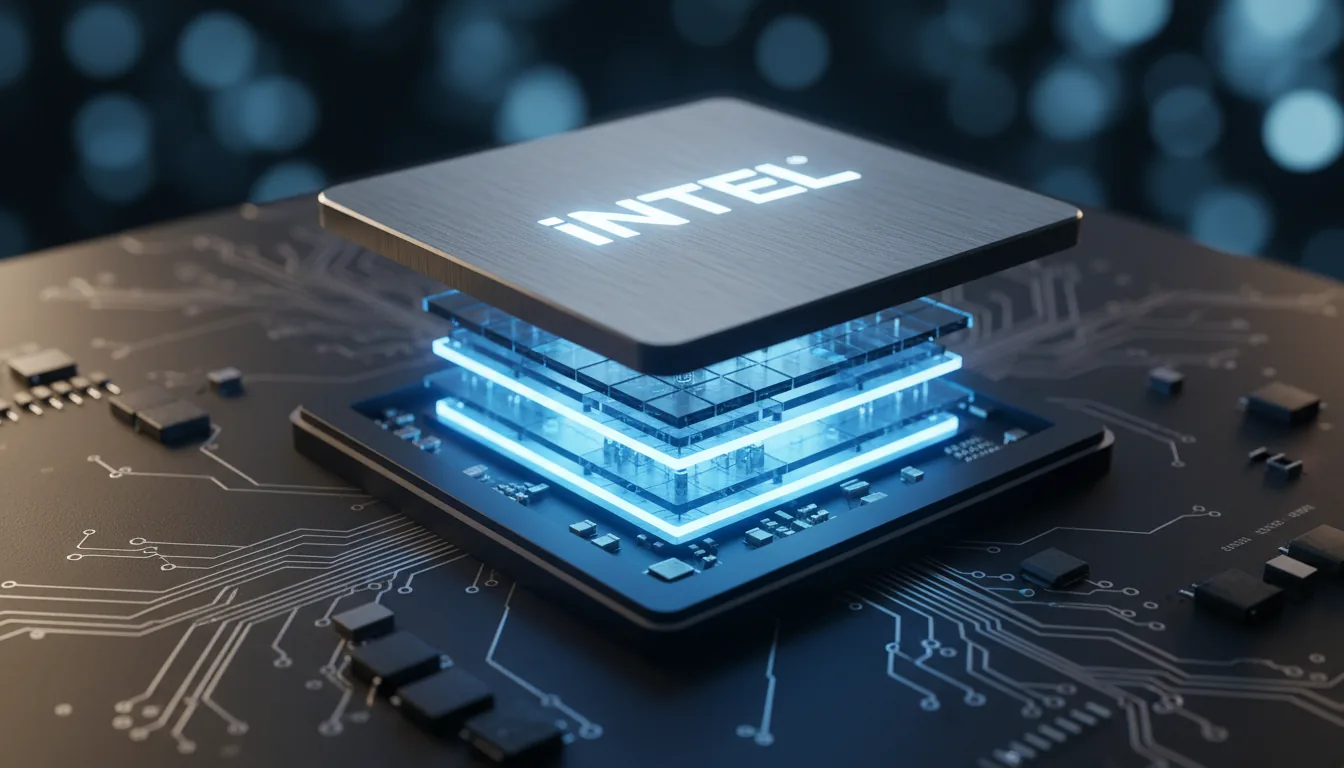 A highly detailed, angled macro shot, 3D render of a futuristic Intel CPU processor shown in a stylized cutaway view. The brushed metal integrated heat spreader, with an engraved logo, is lifted to reveal multiple layers of glowing, holographic blue silicon dies with a precise grid structure. The processor sits on a dark, matte-black printed circuit board with intricate silver traces and faded technical markings. The scene is illuminated with dramatic, cinematic contrast lighting, casting realistic reflections on the metal and creating a shallow depth of field with a blurred bokeh background. The blue layers are emissive, casting a cool glow on the surrounding components.