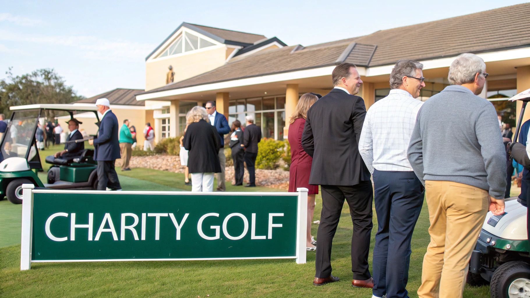 Attendees gather on a golf course for a charity golf event with carts and a clubhouse.