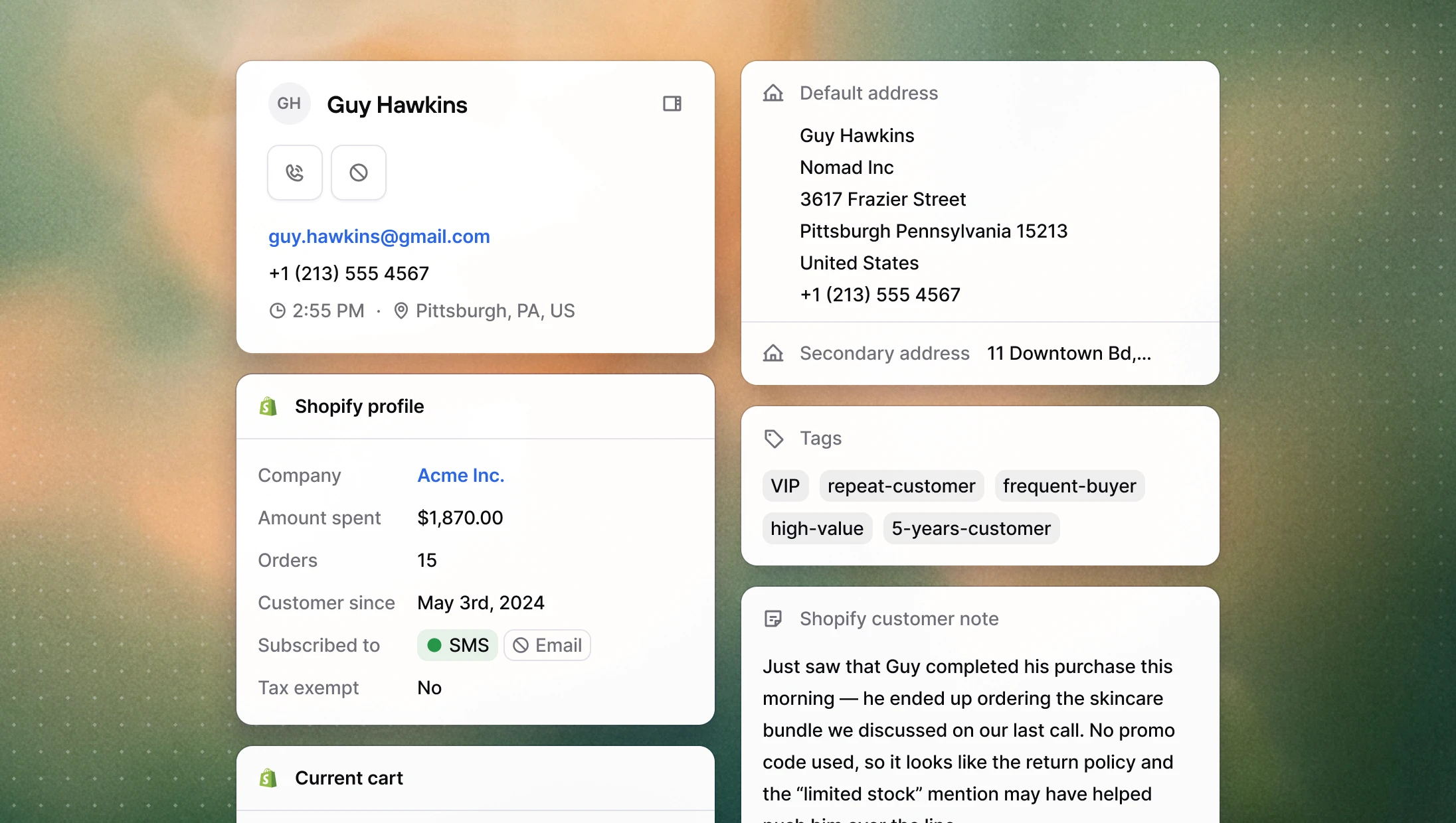The Consio sidebar showing a redesigned Shopify customer profile with contact details, Shopify profile fields including company, amount spent, orders, customer since date, marketing consent badges for SMS and email, and tax exempt status, alongside separate cards for addresses, tags, and a Shopify customer note.