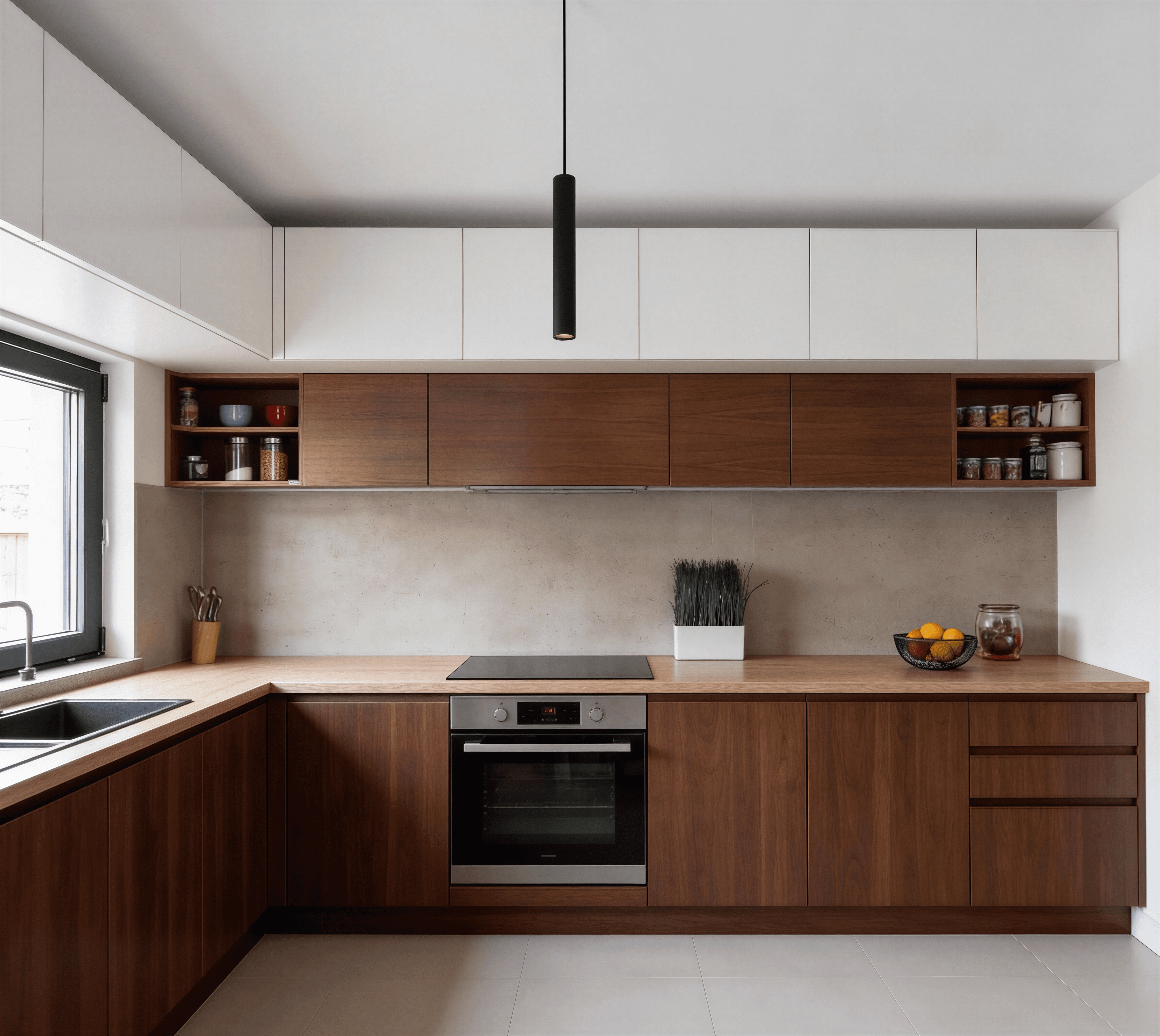 Bucătărie modernă cu corpuri albe sus și lemn jos, blat gri și iluminare liniară neagră.