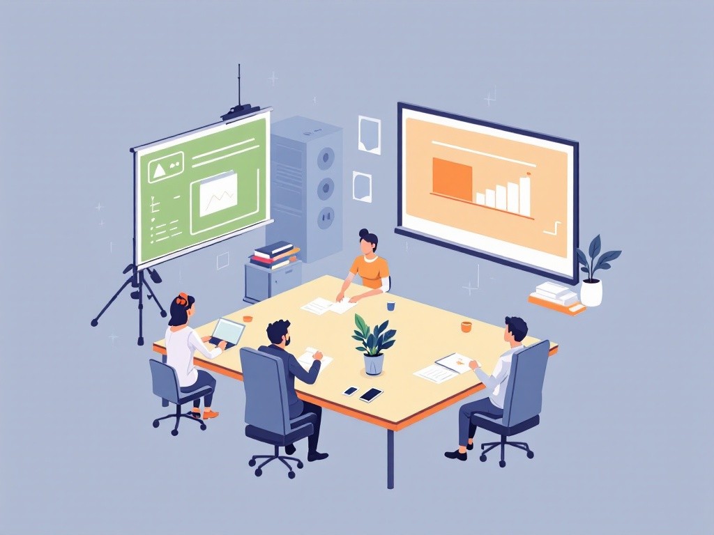 Isometric illustration of a business meeting with four people sitting around a table, looking at presentations on screens.