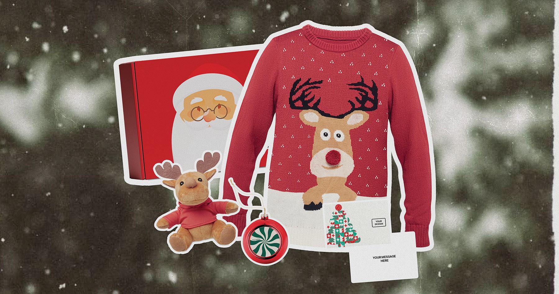 Christmas gift pack with sweater, plush toy, and ornaments for festive corporate employee gifts.