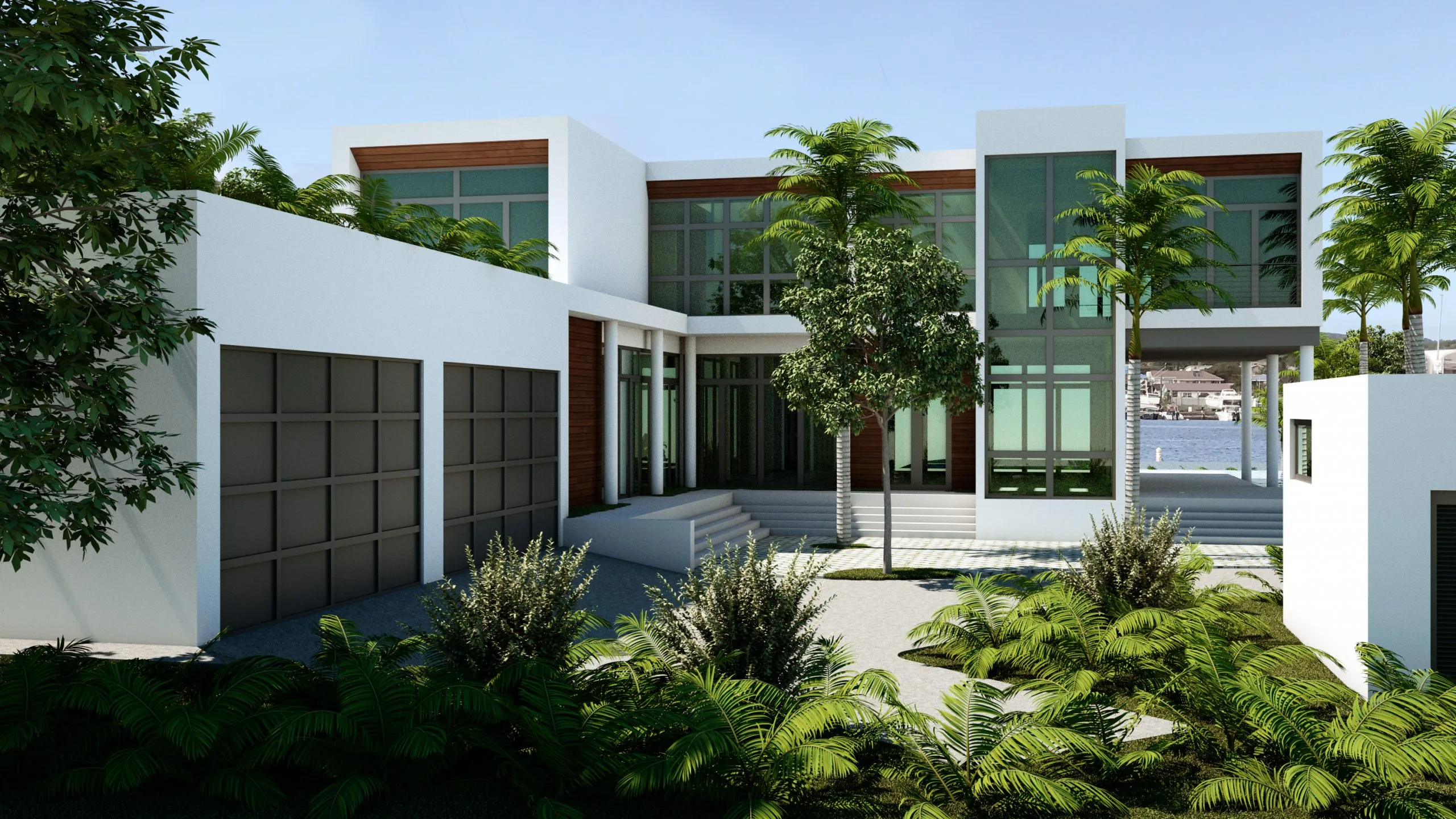 Second villa exterior with dual garage and full glazed facade, Rodney Bay St. Lucia