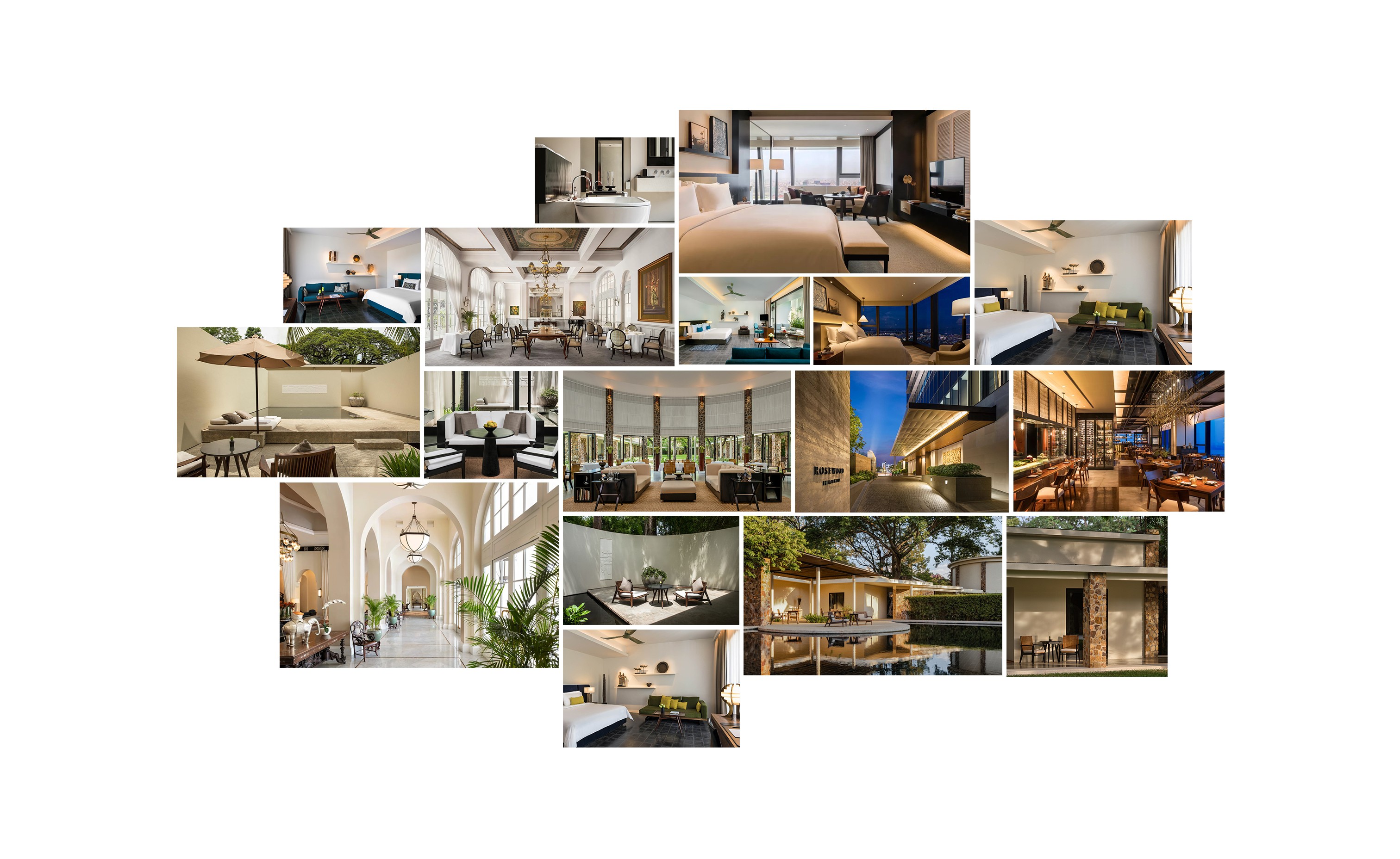 Collage of luxury hotel interiors and exteriors, highlighting niche design trends in global hospitality.
