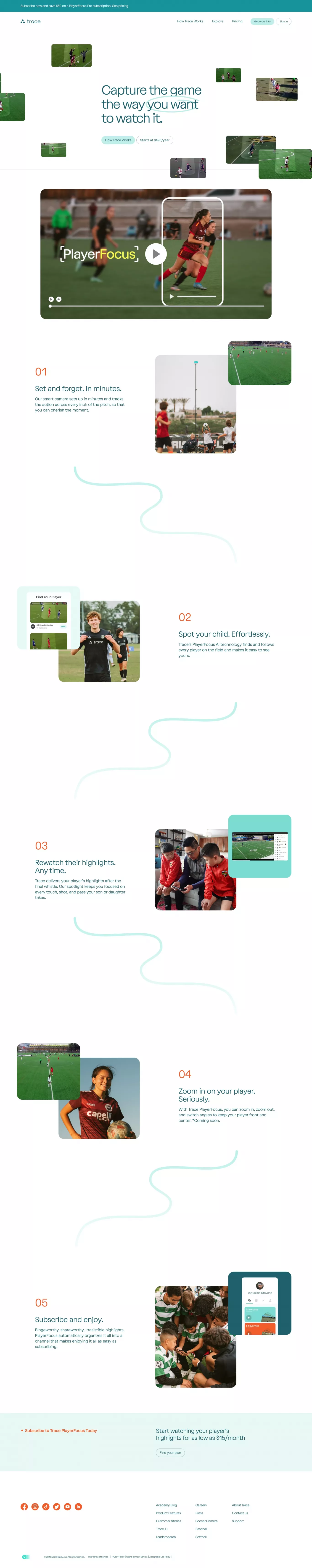 Trace landing page screenshot showcasing Tech and Sport design