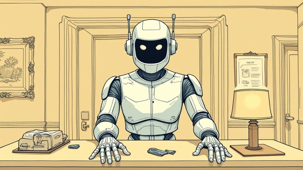 A hotel manager using a tablet to oversee hotel operations, symbolizing AI in hospitality