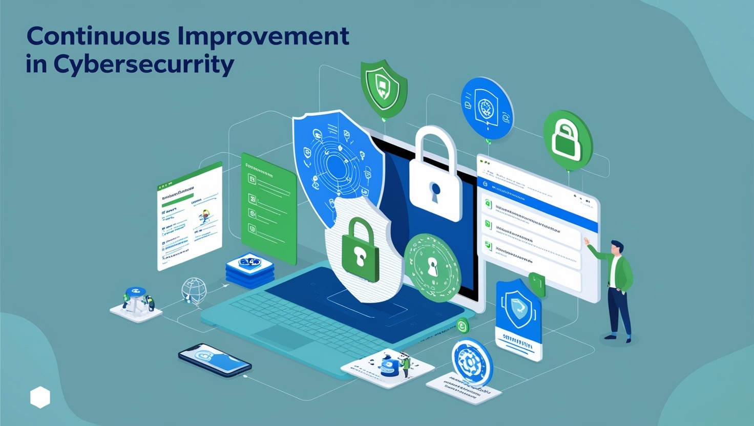 Graphic showing continuous improvement in cybersecurity through simplified security questionnaires, automation, and AI technologies.