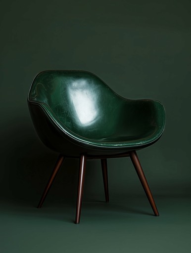A sleek, green chair with a curved seat and wooden legs, set against a dark green background.