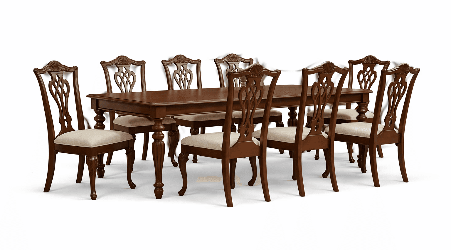 Solid wood dining set with sculpted leg profiles and coordinated high‑back chairs
