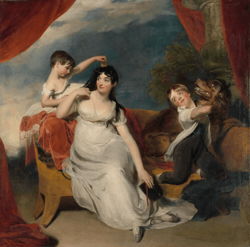 A romantic scene with three figures: a woman in a white dress, a child, and a man, set against rich drapery.