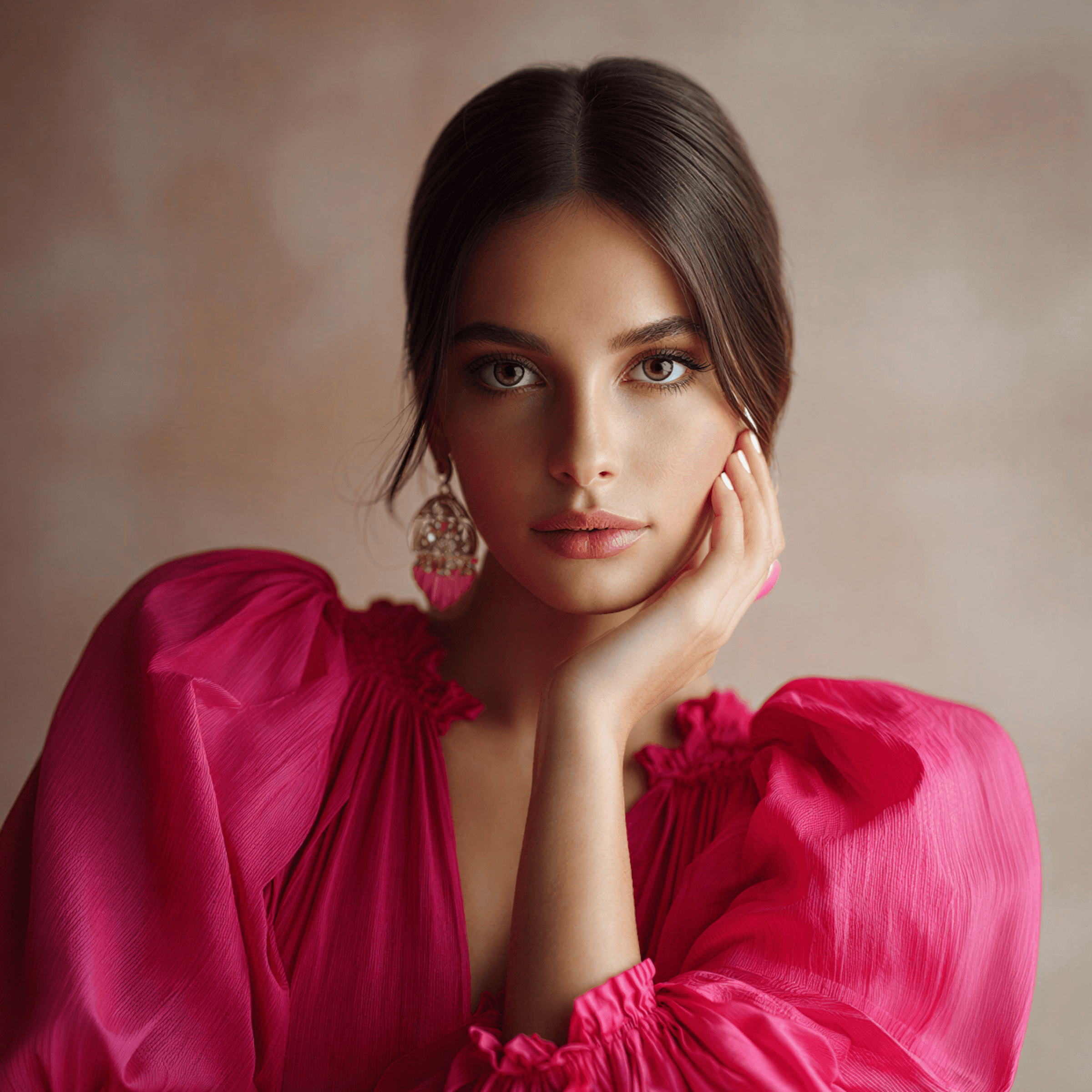 A young woman with long hair wears a bright pink blouse, gazing thoughtfully with her hand on her chin.