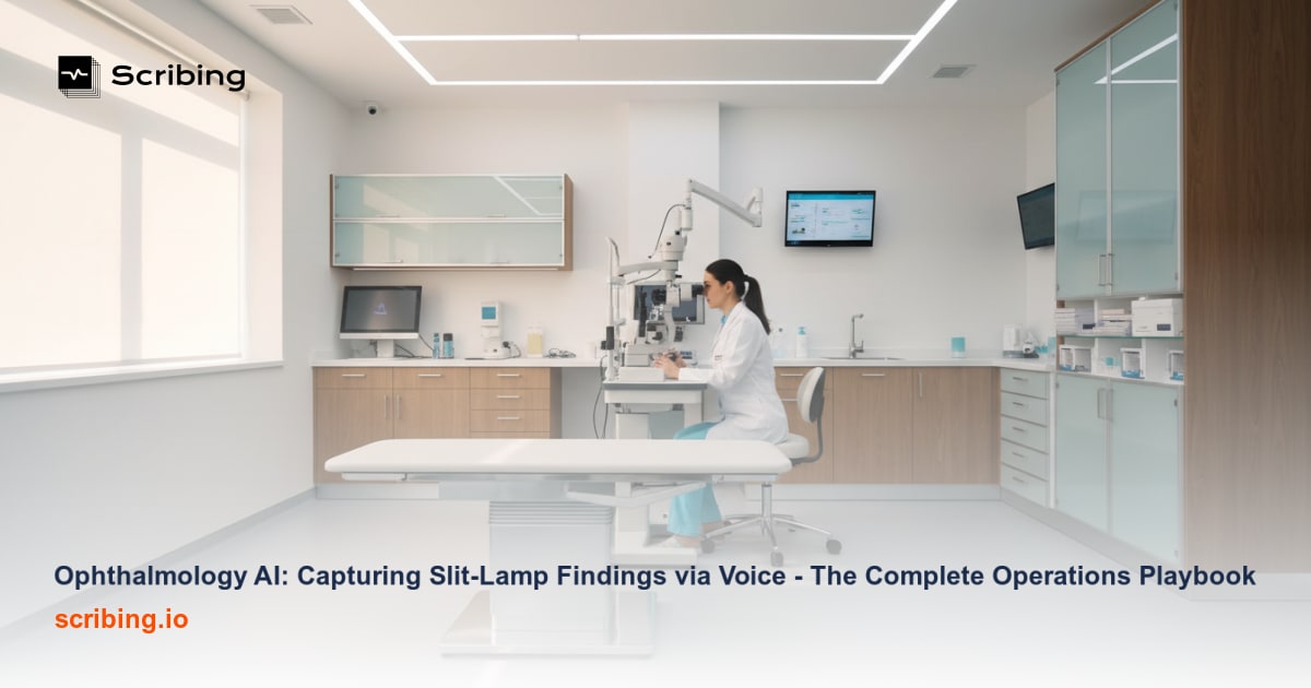 Ophthalmology slit-lamp exam room illustrating AI-powered voice documentation technology for capturing clinical findings