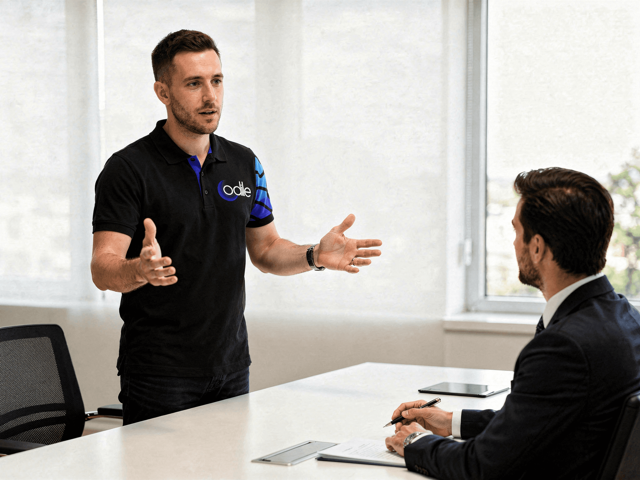 a man wearing a headset sitting in front of a computer