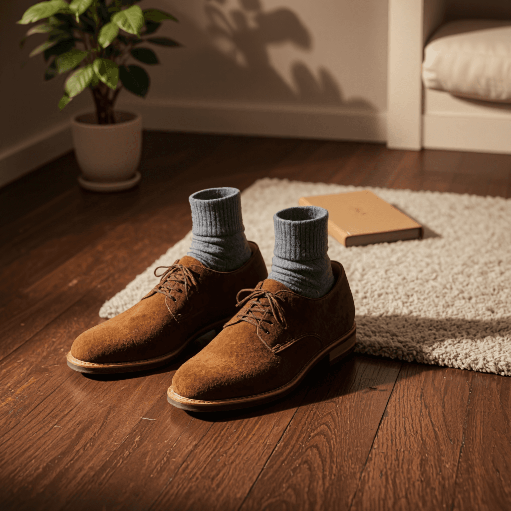 product photography of a pair of brown suede shoes worn with gray socks